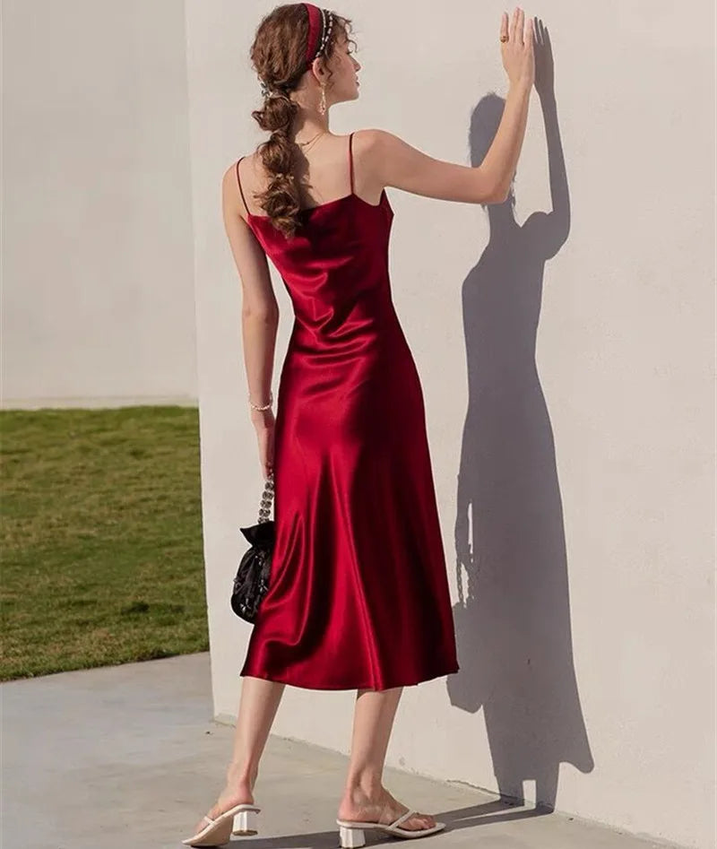 Sexy Spaghetti Strap Burgundy Vintage artificial silk Party Dresses Summer Women Satin Slip Dress Femme long Robe Vestidos