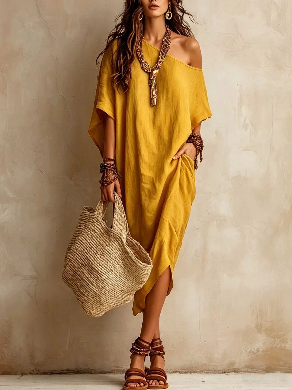 Women's Vintage Off-Shoulder Batwing Sleeve Midi Dress - Solid
