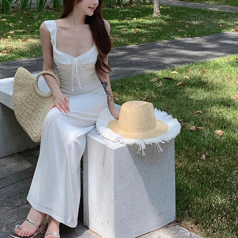 Lady Daily Holiday Leisure Satin Dress Female Gentle Aesthetic Long Bridal Dress Summer Women Party Backless Bandage Dresses