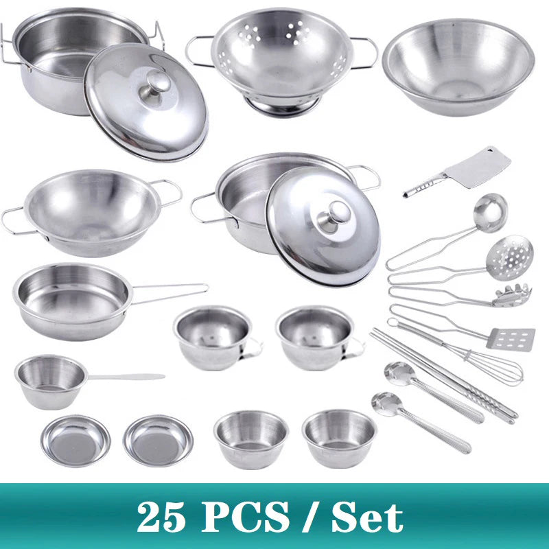 Juego de utensilios de cocina MINI de juguete para niños y niñas de acero inoxidable, pueden guardar alimentos, juguetes de cocina educativos de juego de imitación