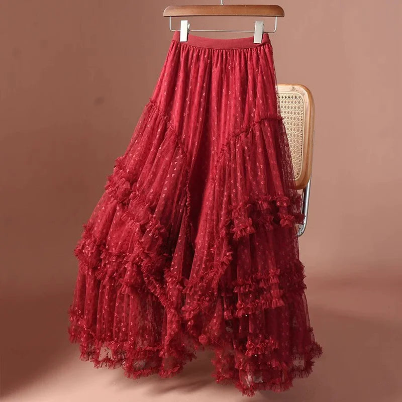 2026 Mesh Heart Printed Skirt Women Elastic High Waist Skirt Elegant Tulle A Line Ruffle Party Skirt Long Summer Saia Feminina
