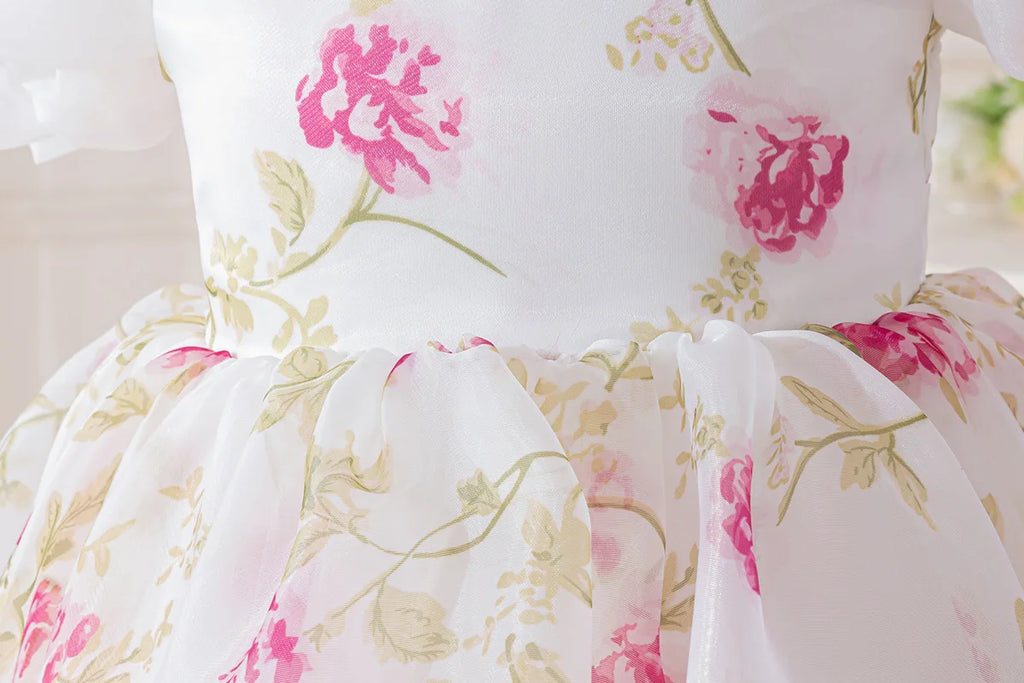 HETISO Girls Floral Chiffon Dress Korean Style Casual Birthday Gown White One-piece Summer Dress for Kids 2-10 Years