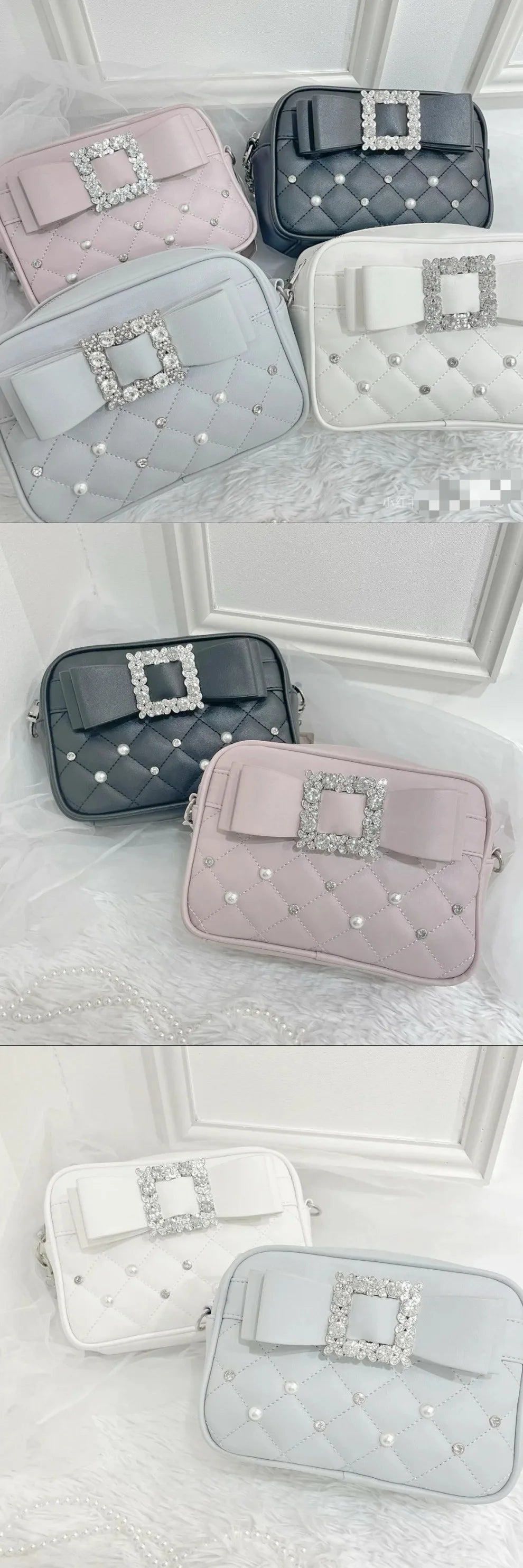Sweet Knot Pearl Oulder Crossbody Bag Diamond Id Pattern Small Square Bag Faionable for Young Women Pearl Shoulder Rhinestones