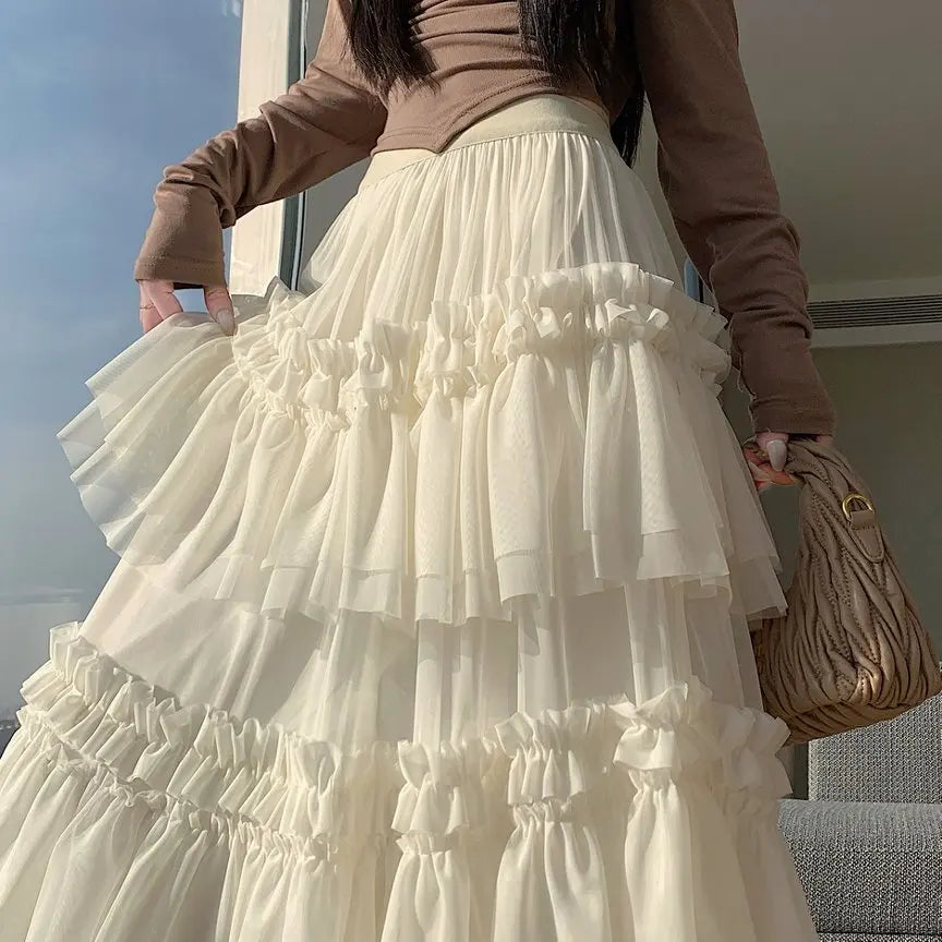 Qiukichonson Midi Long Skirt Women Patchwork Mesh Lolita Spring Summer High Waisted High Low Ruched Ruffles Ball Gown Skirt rok