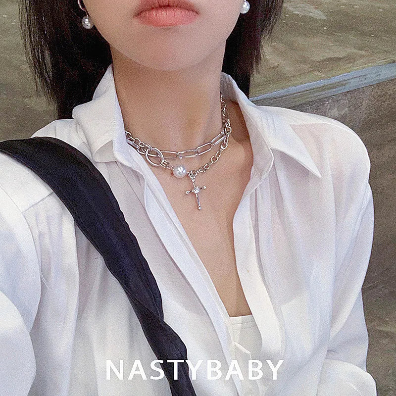 Chain Around The Neck Cross Necklace For Women'S Pendant Vintage Multilayer Fashion Jewelry Hip-Hop Gothic Style Clavicle Chokers