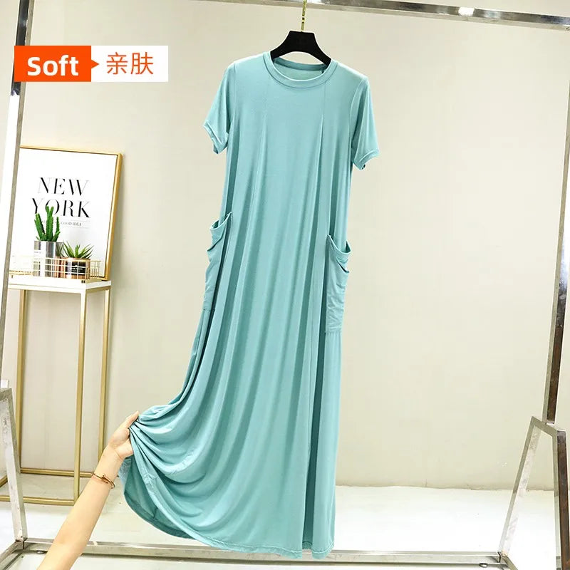Casual Modal Sleep Dress Women Summer Large Size round Neck over Knee Long Dress Loose Slimming Short Sleeve Dress