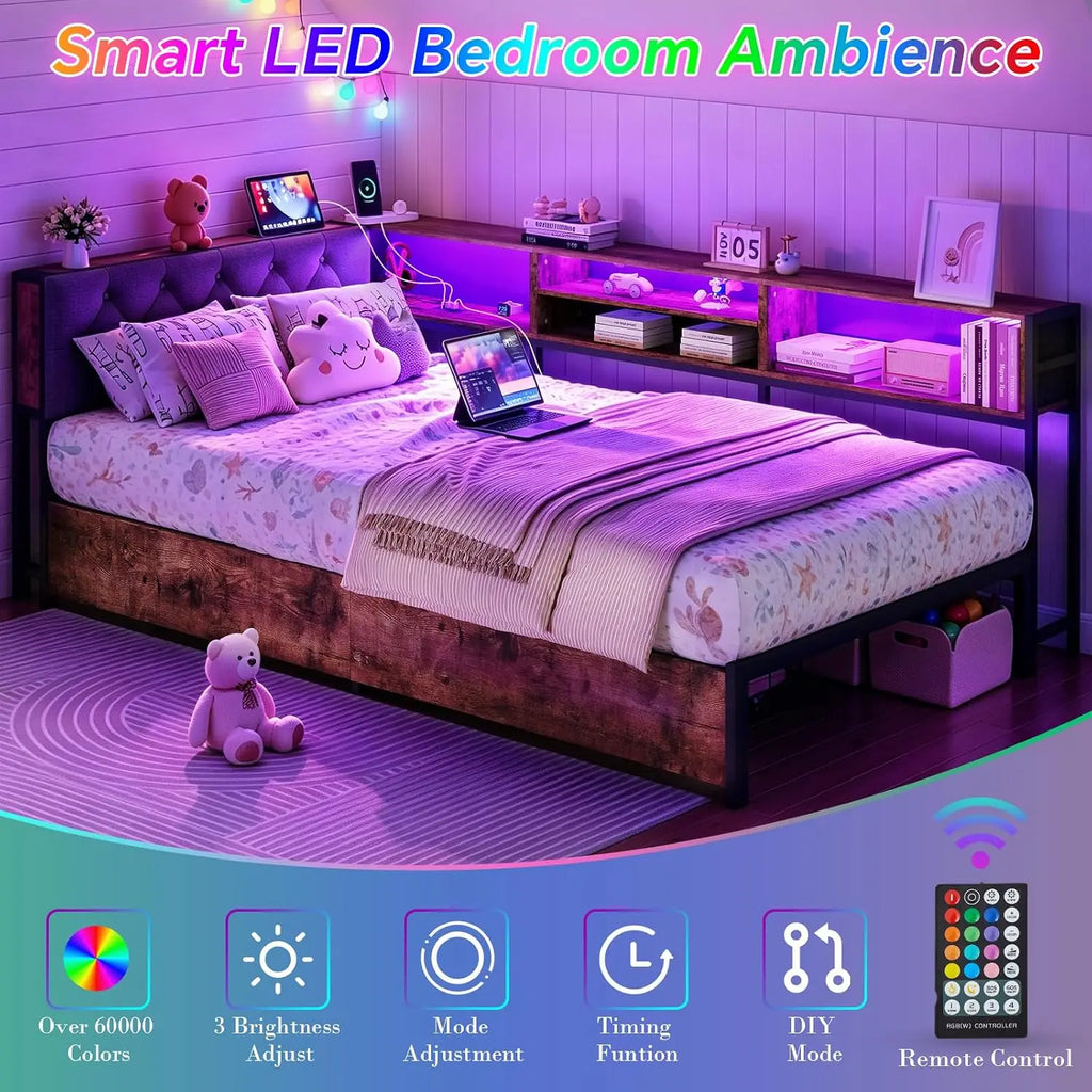 Twin Size Corner Bed Frame with Storage Bookcase and Headboard, Metal Platform Twin Bed with LED Lights and, Customized
