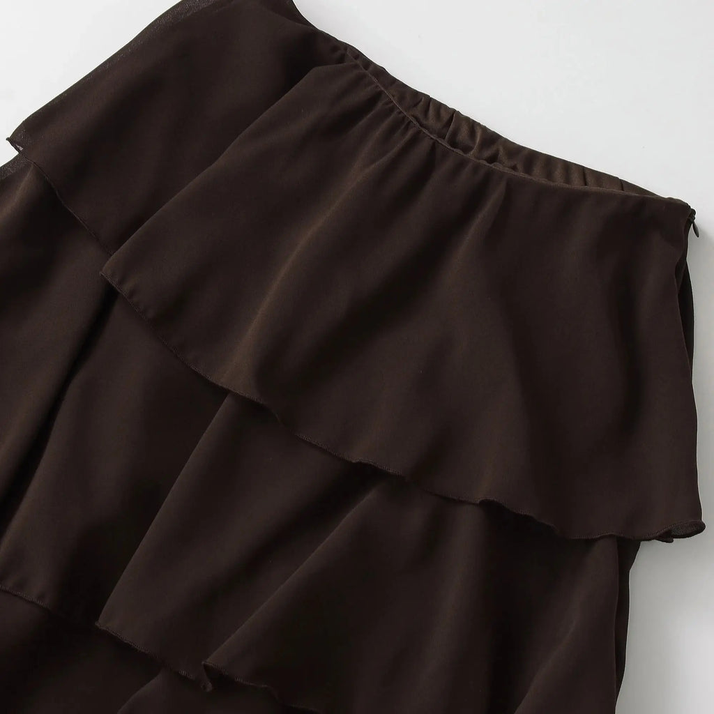 Vintage Tiered Brown Party Commute Modern High Street Long Skirt Elegant Streetwear Fashion 2026 Spring Female Skirt