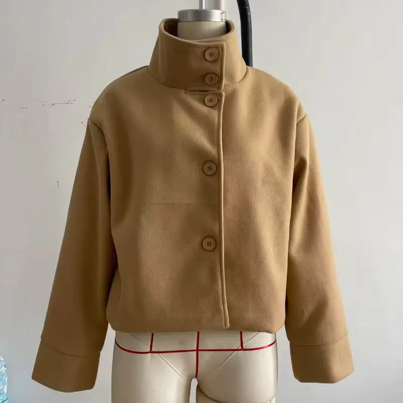 Stand Collar Women Winter Woolen Coat 2025 Spring Single Breasted Loose Female Long Sleeve Jacket Office Lady Street Short Coats