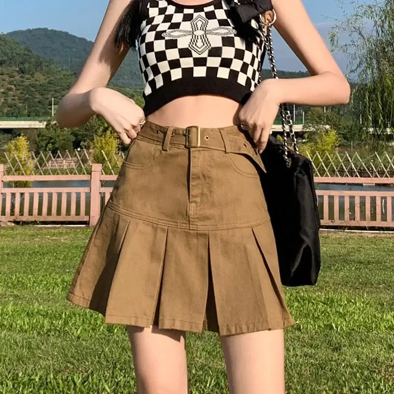 Retro American Blue Hot Girl Pleated Denim  Skirt Women's Summer New Pure Desire A-Line High Waist Short Skirt