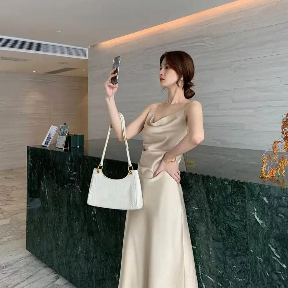 Slimming A-Line Midi Dress Women's Summer 2026 New Style Drapey Strapless Gown Gentle Wind Long Dress Polyester Solid Color
