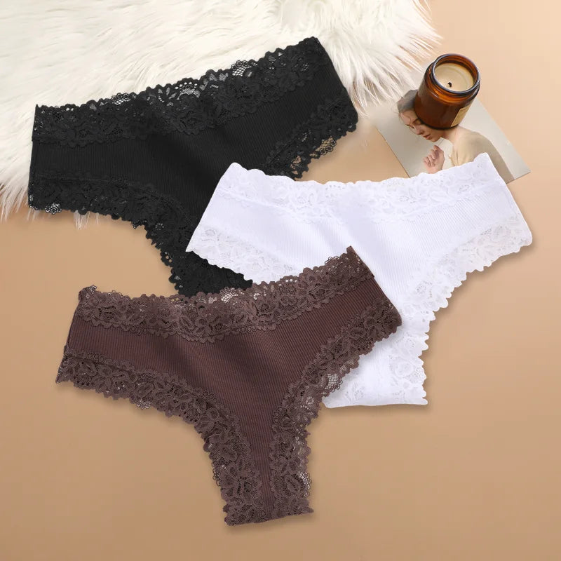 Women Cotton Panties Set 3 Pieces Floral Lace Patchwork Briefs Breathable Soft Underwear Size S XL