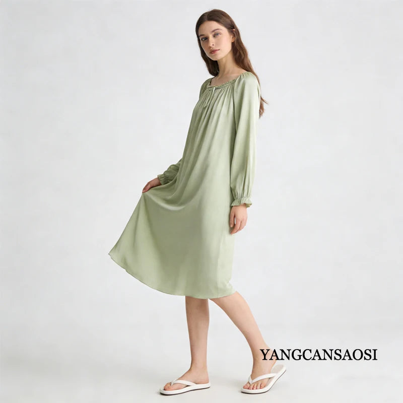 Women's Spring/Summer New 92% Natural Mulberry Silk Elastic Satin Solid Loose Sweet Wind Long Sleeve Home Clothes Nightdress