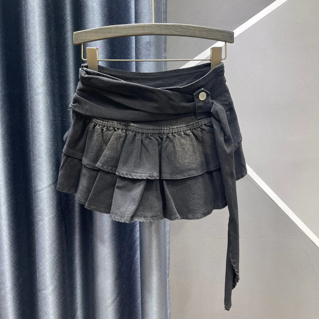 2026 Autumn New Spice Girl Retro Denim Cake Skirt, Women's High Waist Layered Ruffle Leaf Edge Mini Skirt, Blue Black Faldas