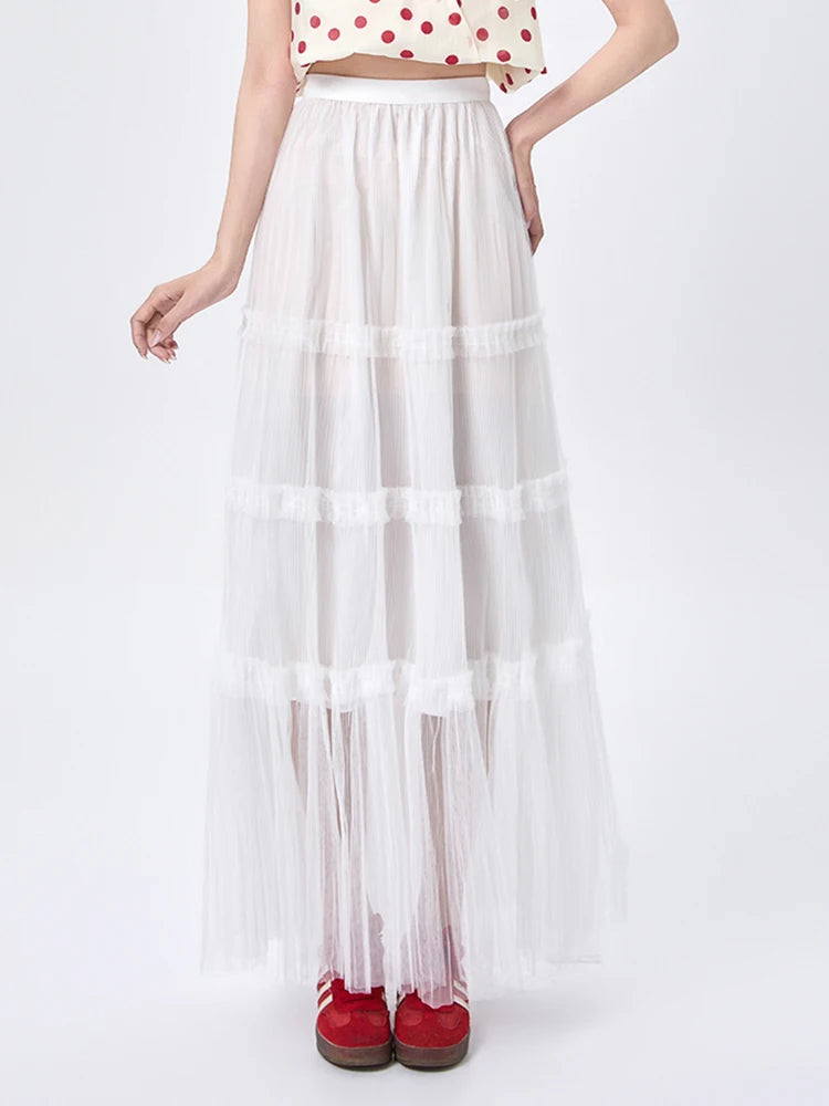 Women's Skirt Spring Summer Tiered Tulle High Waist Ruffle Hem A-Line Pleated Maxi Layered Mesh Cake Skirt Female Faldas SK120