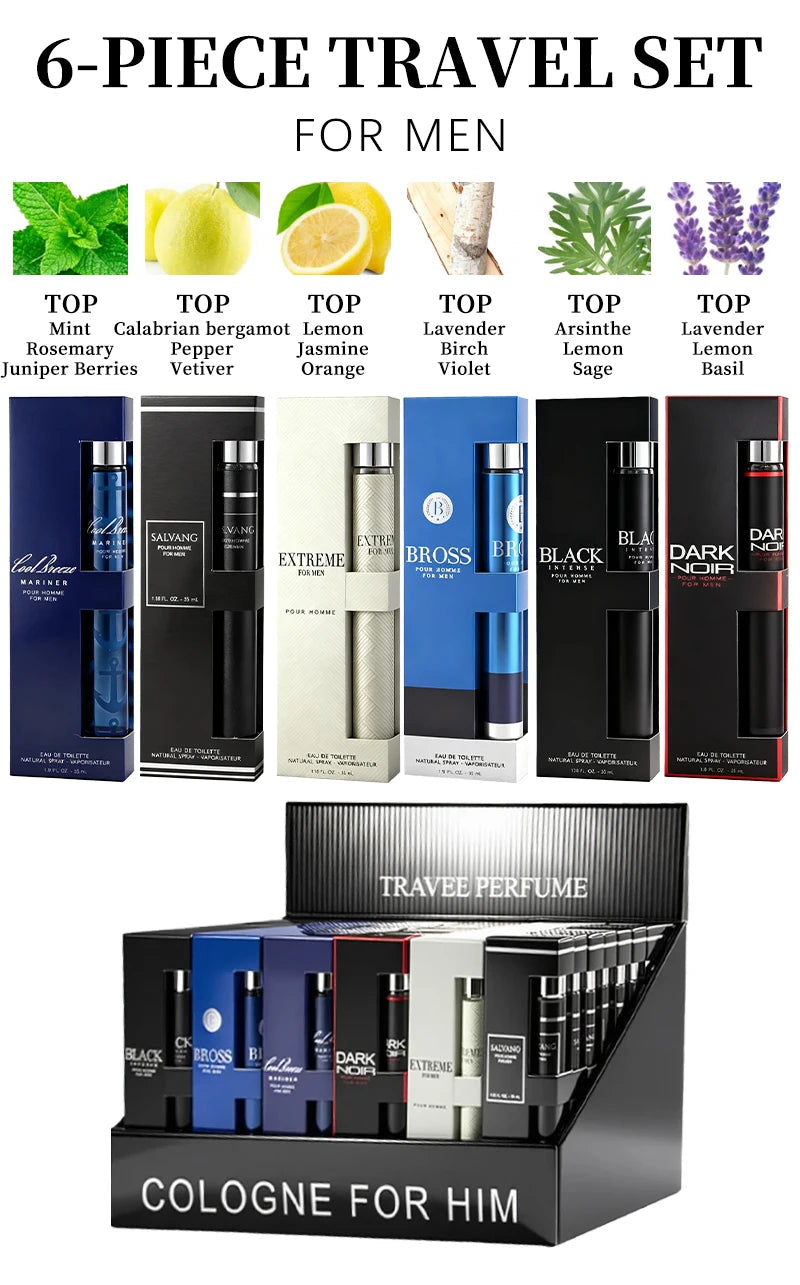 6-Piece Travel Set, Men's and Women's Eau De Toilette Spray, Long-Lasting Fragrance, 6 Different Flavors, Perfect for Holiday Gift
