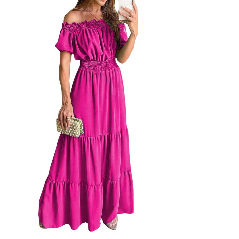 Summer Sexy Off Shoulder Slash Neck Ruffle Beach Party Dress Elegant Women Fashion Red Lace-up Pleated Holiday Long Dresses Robe