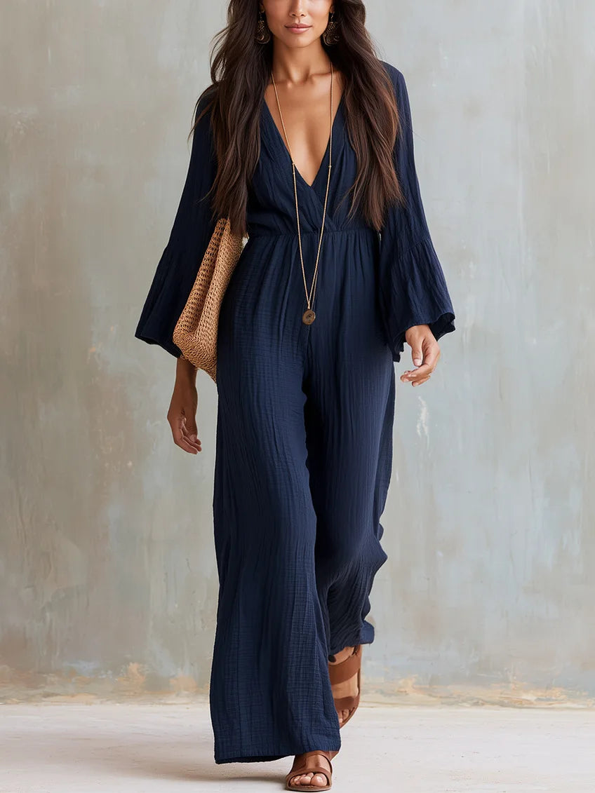 Elegant Women Flare Sleeve Jumpsuit Deep V Neck High Waist Wide Leg Casual Daily Party One Piece Romper