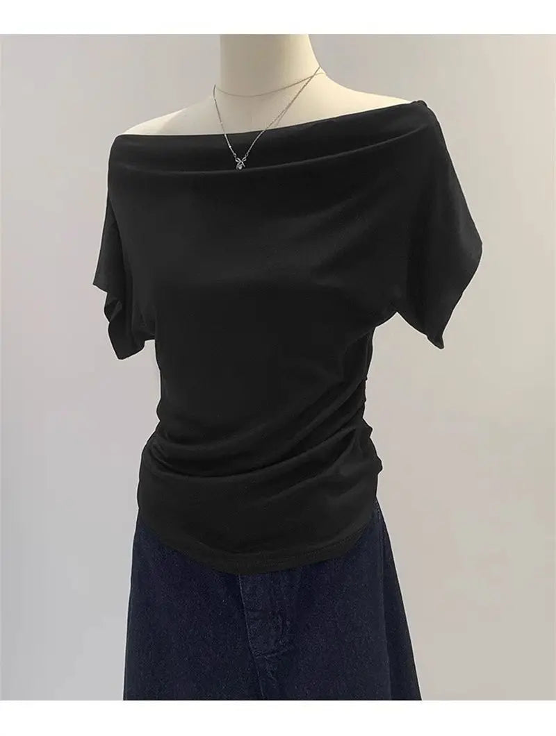 Summer One Shoulder Black Women's T-shirt Short Sleeve Korean Style Slimming Top Exposed Shoulder Fashionable