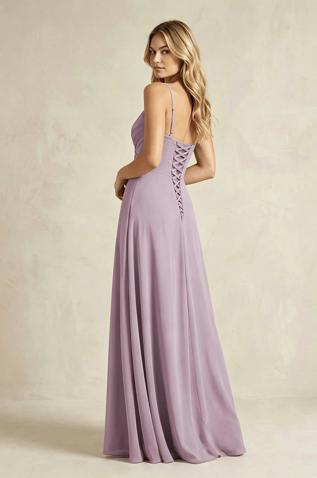 Spaghetti Strap Chiffon Bridesmaid Dress V Neck Pleated Bodice Side Slit Corset Back A Line Floor Length Formal Evening Gown