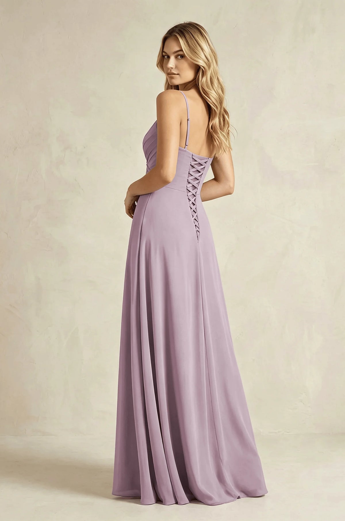 Spaghetti Strap Chiffon Bridesmaid Dress V Neck Pleated Bodice Side Slit Corset Back A Line Floor Length Formal Evening Gown