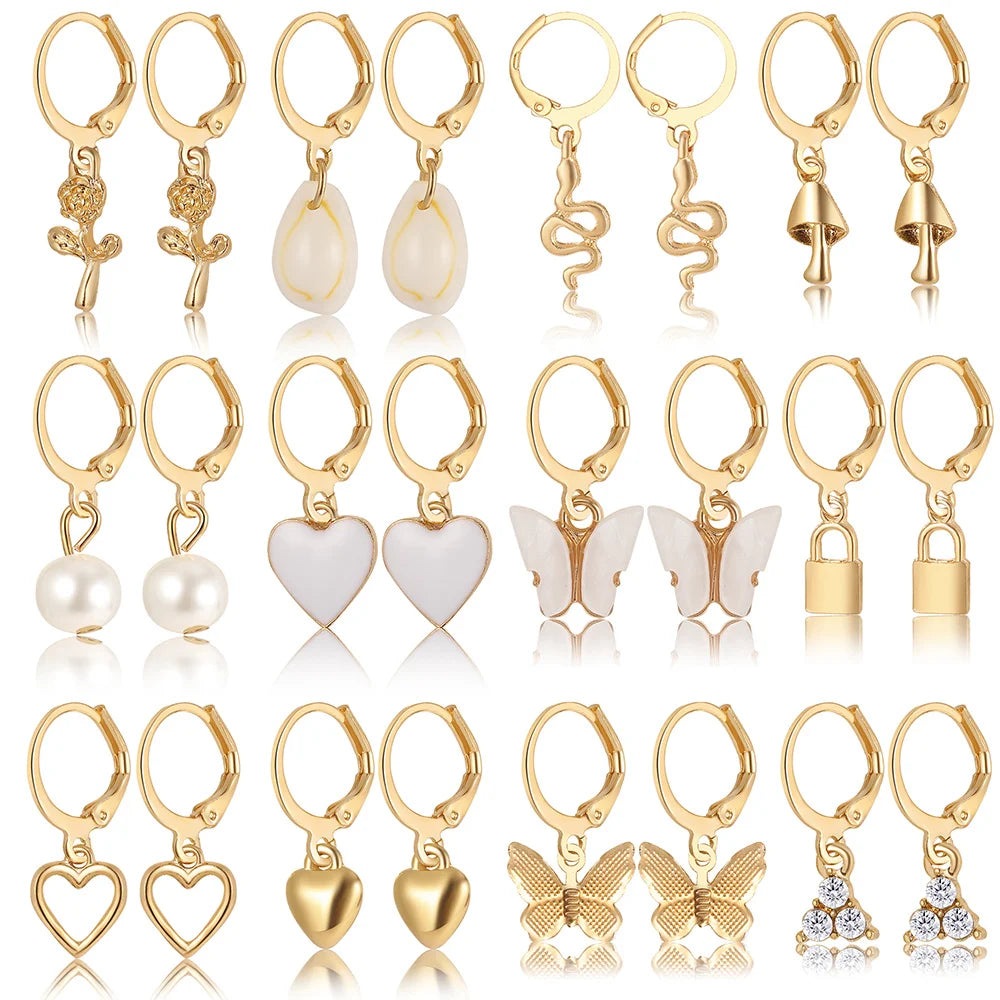 Heart Pearl Dangle Earrings Set Metal Gold Color Butterfly Locks Earrings For Women'S Shell Trendy Jewelry Hoop Earrings 2024