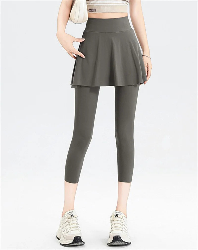 Aiithuug with Pocket Women Tennis Skirted Leggings Capris Yoga Leggings with Skirts Tennis Pickleball Clothing Cropped Leggings
