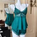 Elegant Lace Sexy Pajamas Women Summer Nightwear With Built In Chest Pad Sexy V Neck 2Pcs Camisole Shorts Homewear Loungewear