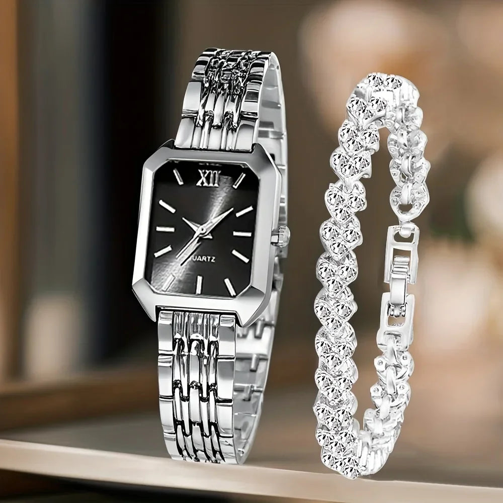 2PCS/Set Fashion Rectangle Women Quartz Watch Ladies Roma Dial Wristwatches Rhinestone Bracelet Set Reloj Mujer Girls Clock Gift