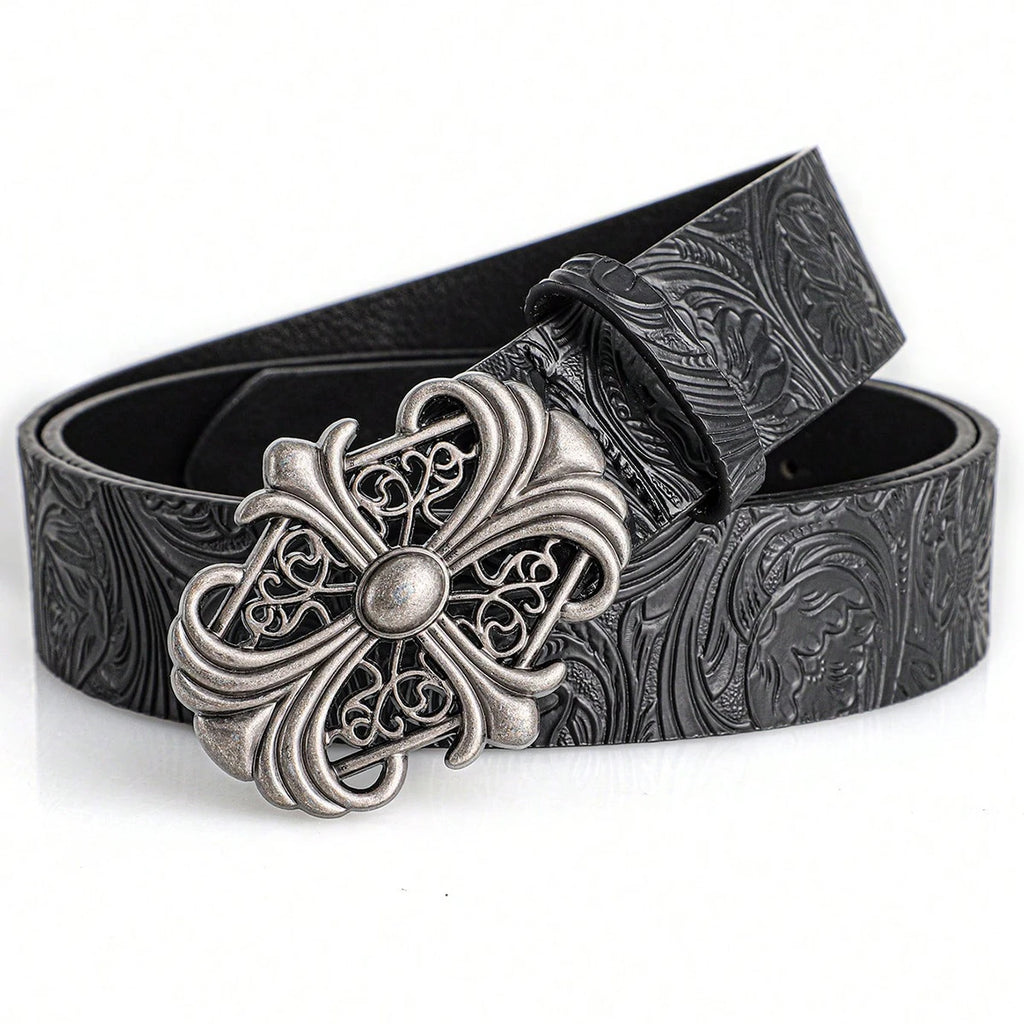 Retro Men's Belt Bohemian Style-Chic Black PU Leather Belt Fashion Vintage Hollow Buckle Belt Punk Rock Y2K Style，For Men Women