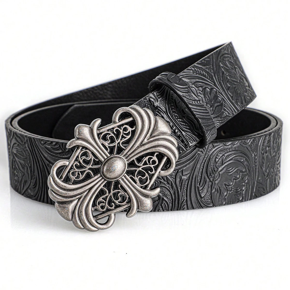 Retro Men's Belt Bohemian Style-Chic Black PU Leather Belt Fashion Vintage Hollow Buckle Belt Punk Rock Y2K Style，For Men Women