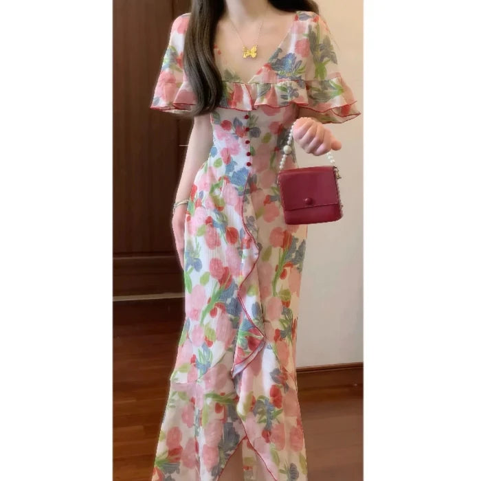 Romantic Elegant Vintage Floral Print Women's Dress Summer Slimming Long Skirt High Waist Short Sleeve A-Line Midi Dress