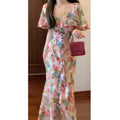 Romantic Elegant Vintage Floral Print Women's Dress Summer Slimming Long Skirt High Waist Short Sleeve A-Line Midi Dress