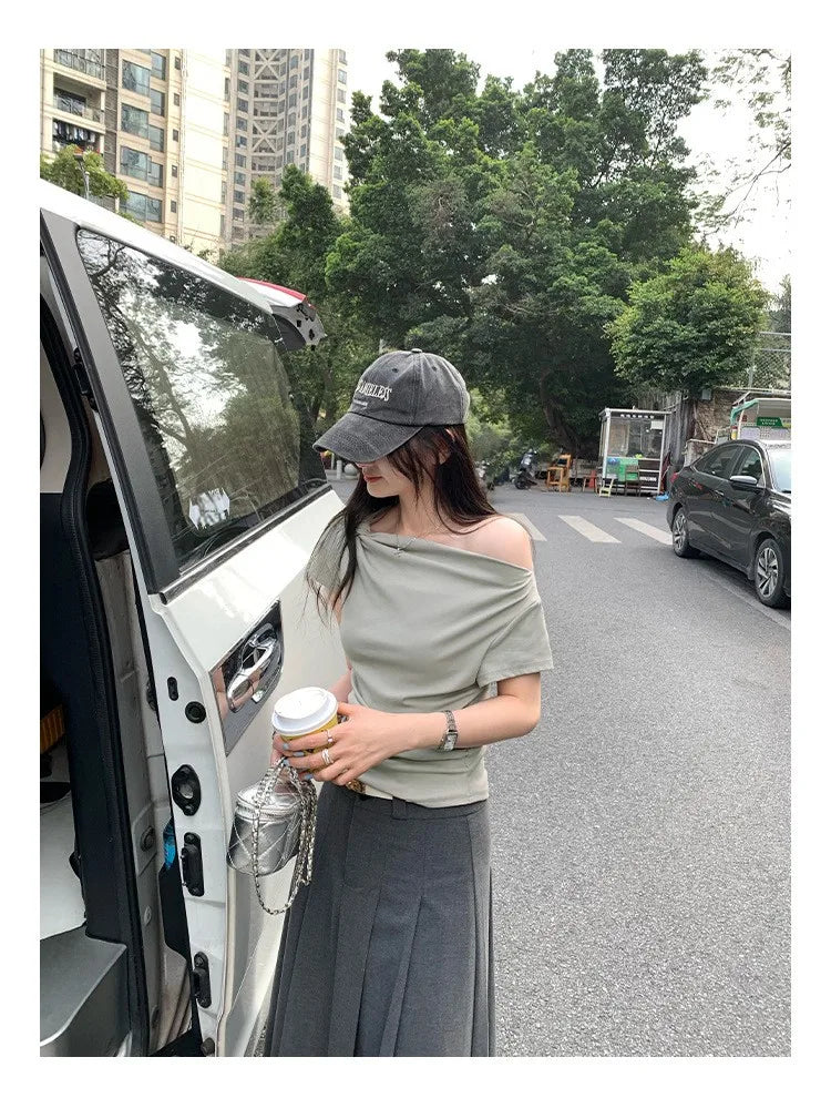 Slim Fit Short Sleeve T-Shirt Women Summer New Style Shoulder Bared Neckline Gathered Waist Elastic Band Casual Style Top