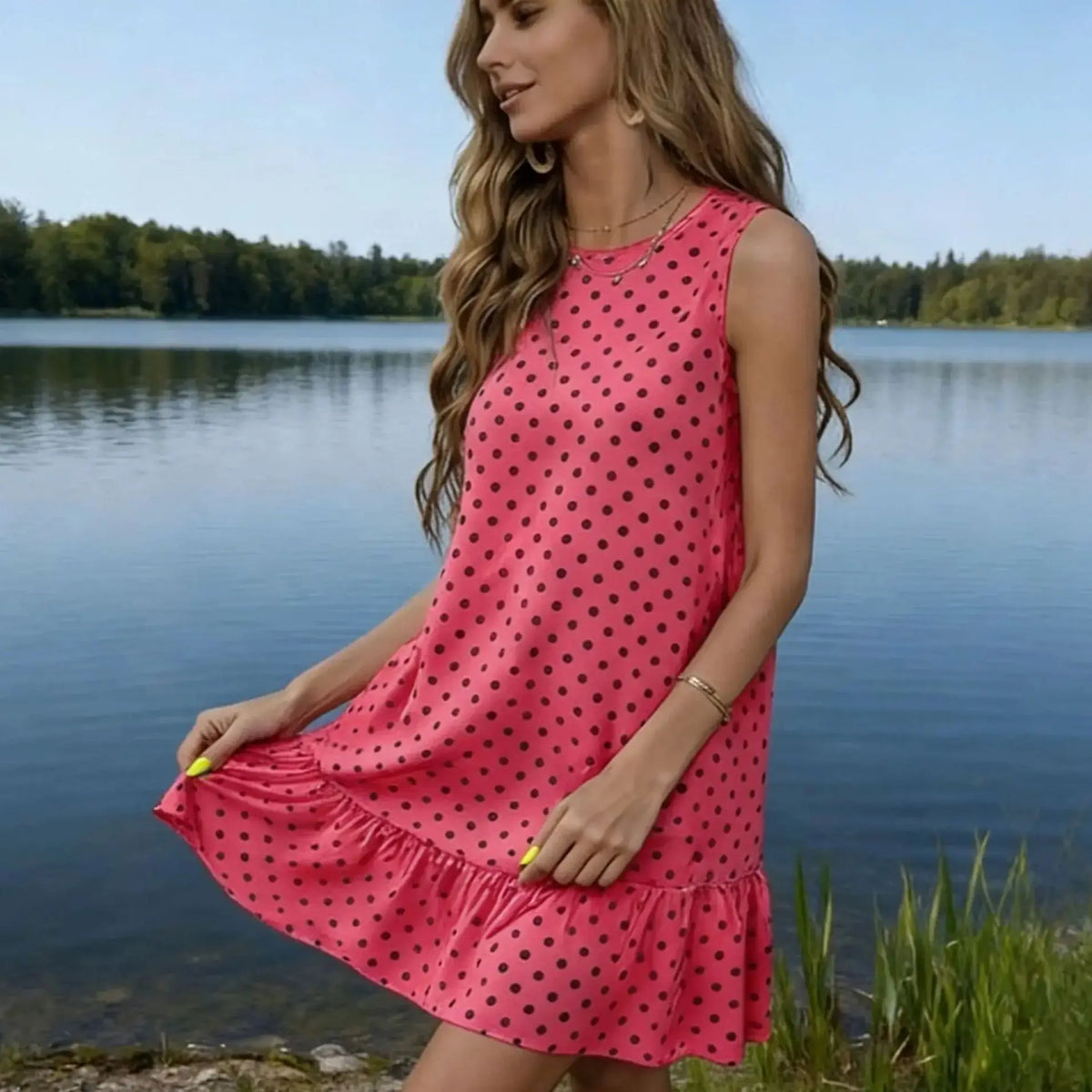 2026 New Western Style Summer Polka Dot Sleeveless Fashion Pear Shape Hip-Covering Dress Plus Size Sweet Girl Statement Dress
