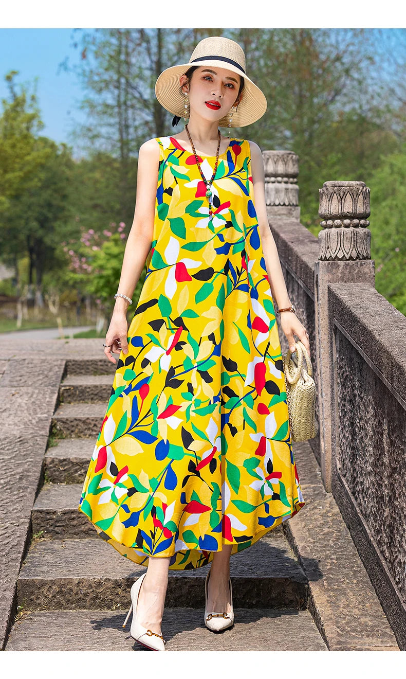 New Women Summer Dresses Vintage Dress FashionRobe Plus Size Sleeveless Femme Casual Print Dresses
