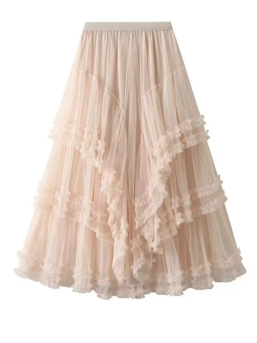 2026 Fashion Women High Waisted Floral Lace Tulle Puff Cake Skirt Vintage Ladies Loose Asymmetrical Long Skirts Women Clothes