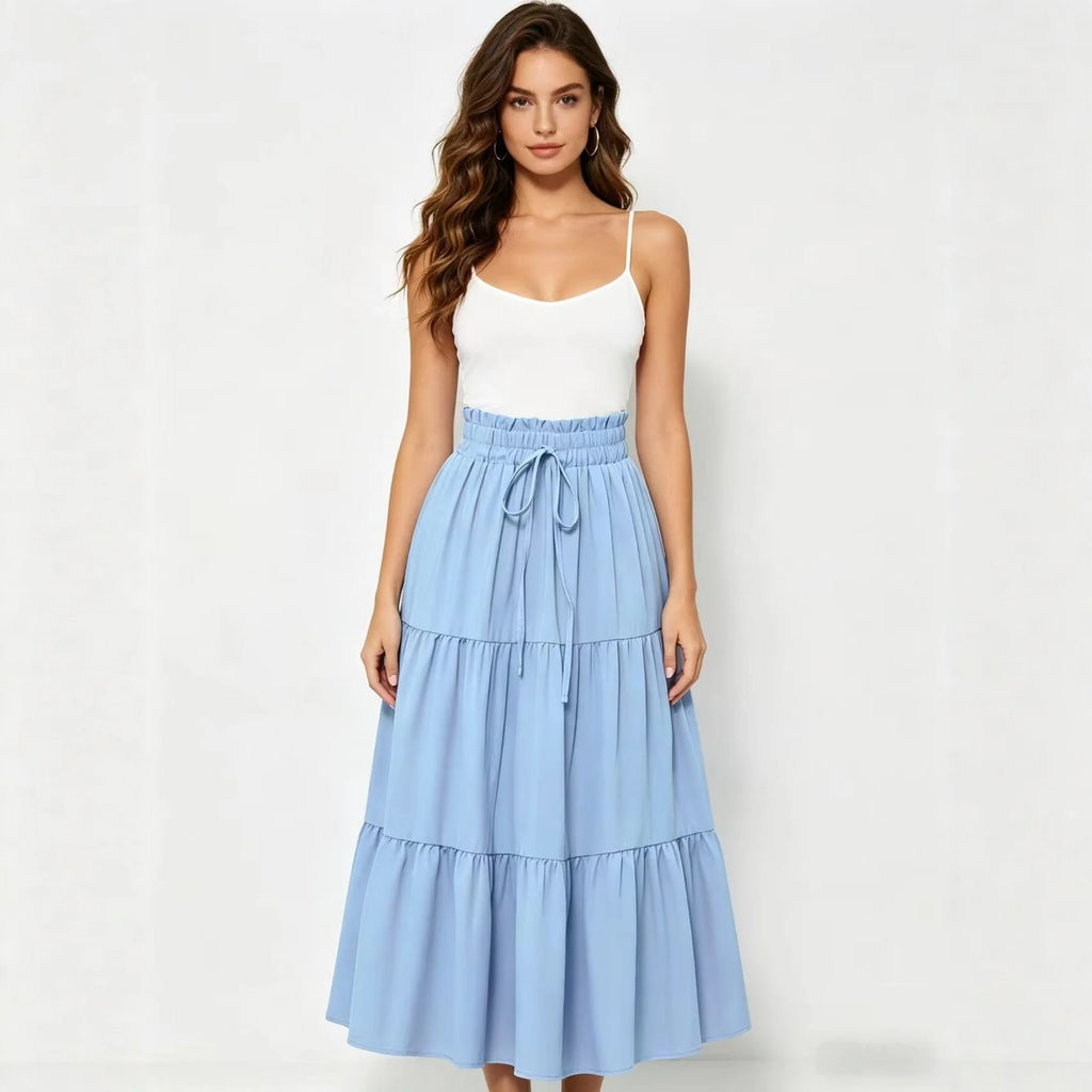 Elegant High Waist A-Line Midi Skirt with Drawstring Pure Color Women's Fashionable Versatile Half-length Skirt for Casual Tr...