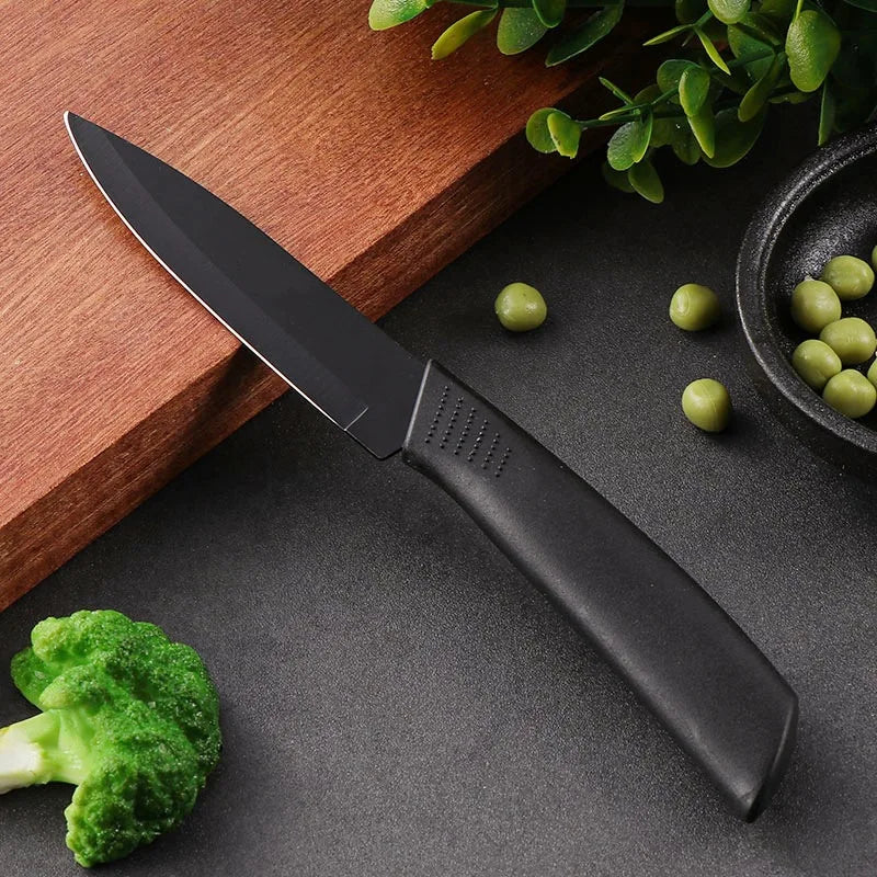 Kitchen Knife 1/3/6 Kitchen Knife Set 4-inch stainless steel fruit knife with sheath Black fixed blade plastic handle knife