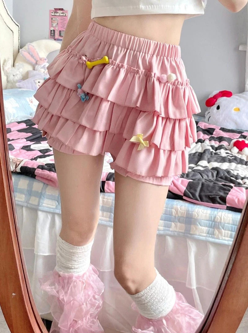 Pastel Tiered Ruffle Mini Skirt with Built-in Bloomer Shorts Layered Frill Skort Women Soft-Girl Kawaii Lolita Jirai Kei Sukapan