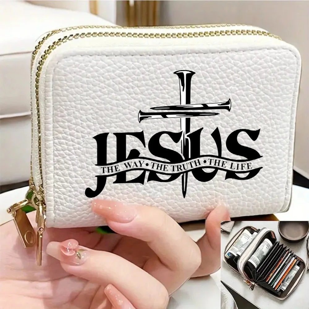 Women's PU Leather Wallet Short Coin Card Holder Jesus Pattern Small Hard Wallet Fashionable Money Bag