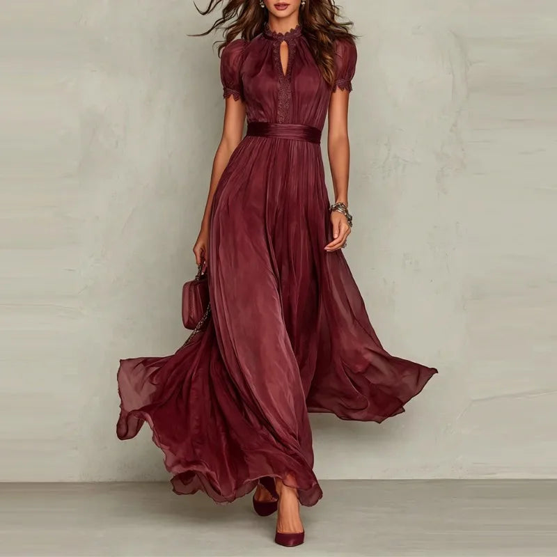 Elegant Chiffon Lace Trim Midi Dress Stand Collar Neck Puff Sleeve Cinched Waist Draped A Line Flowy Women's Casual Dresses