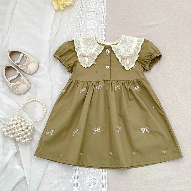 Girls Bow Princess Dress | Puff Sleeve Embroidery Party Dress