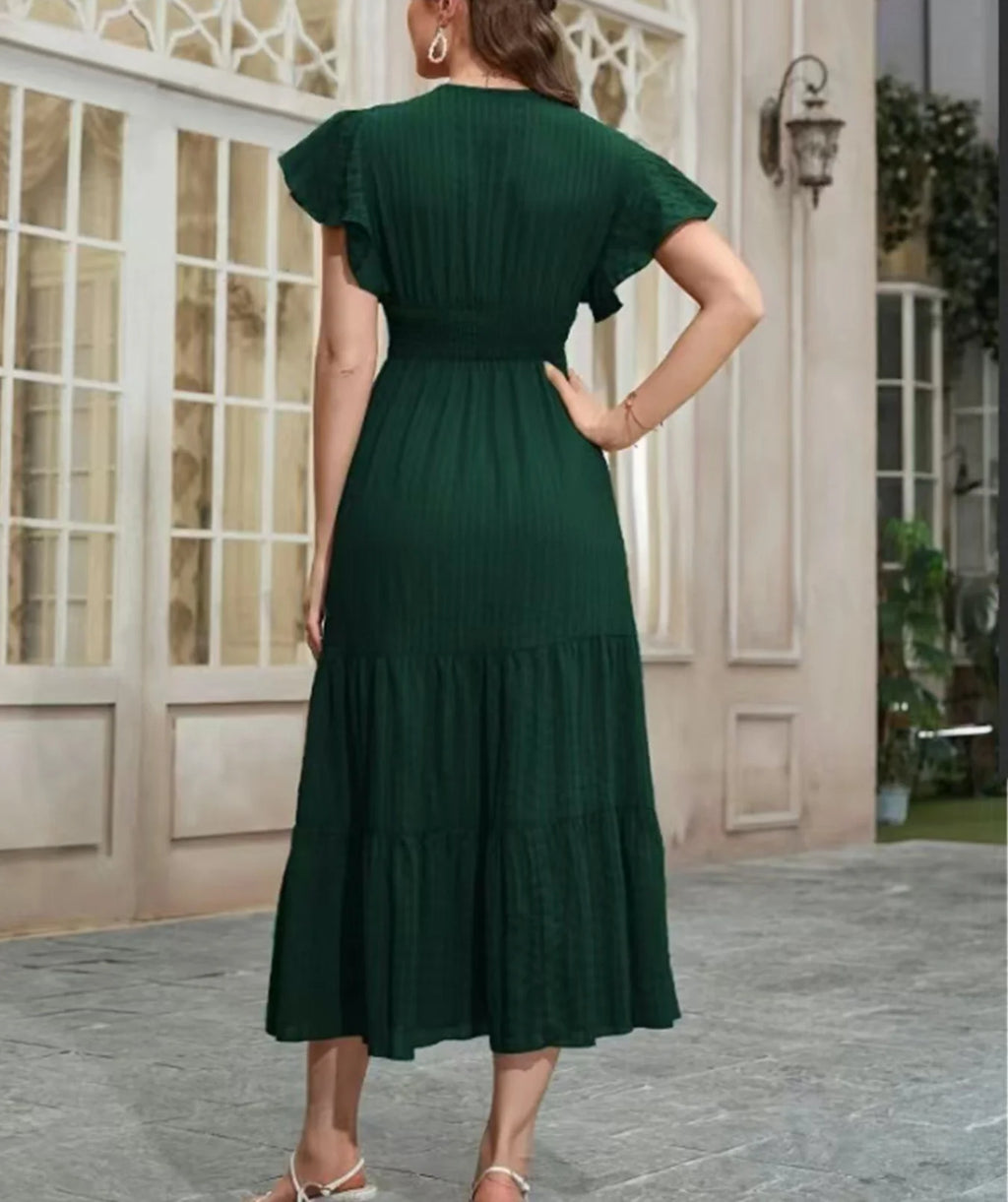 Elegant Women's Summer Casual Solid Color Long Dress Fashion Holiday Sexy V Neck Pleated Short Sleeve Maxi Dresses Vestido