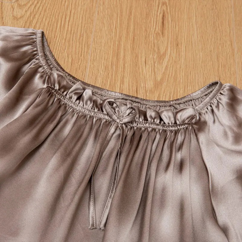 Loose 100%Silk Short Sleeve Nightgown, Summer Medium-long Satin Sleepwear Woman