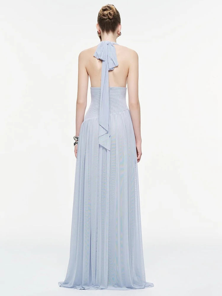 Nibber Backless Fashion Draped Maxi Dress Women Halter Bandage Tassel v-Neck Sleeveless Birthday Party Elegant Chic Vestidos