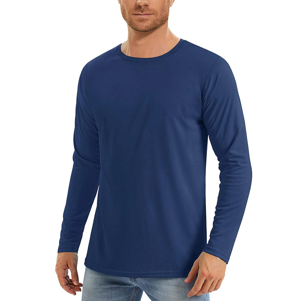 Upf50+ Men'S Sunscreen Uv Protection T-Shirt Solid Color Long-Sleeved Round Neck Outdoor Hiking Fishing Quick-Drying Tops