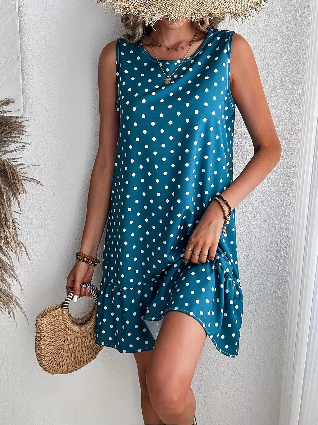 Polka Dot Princess Sleeve Dress with Ruffle Hem Knitted Mid-Length Vintage Style Casual Sporty Fit Chinese Nylon Fabric