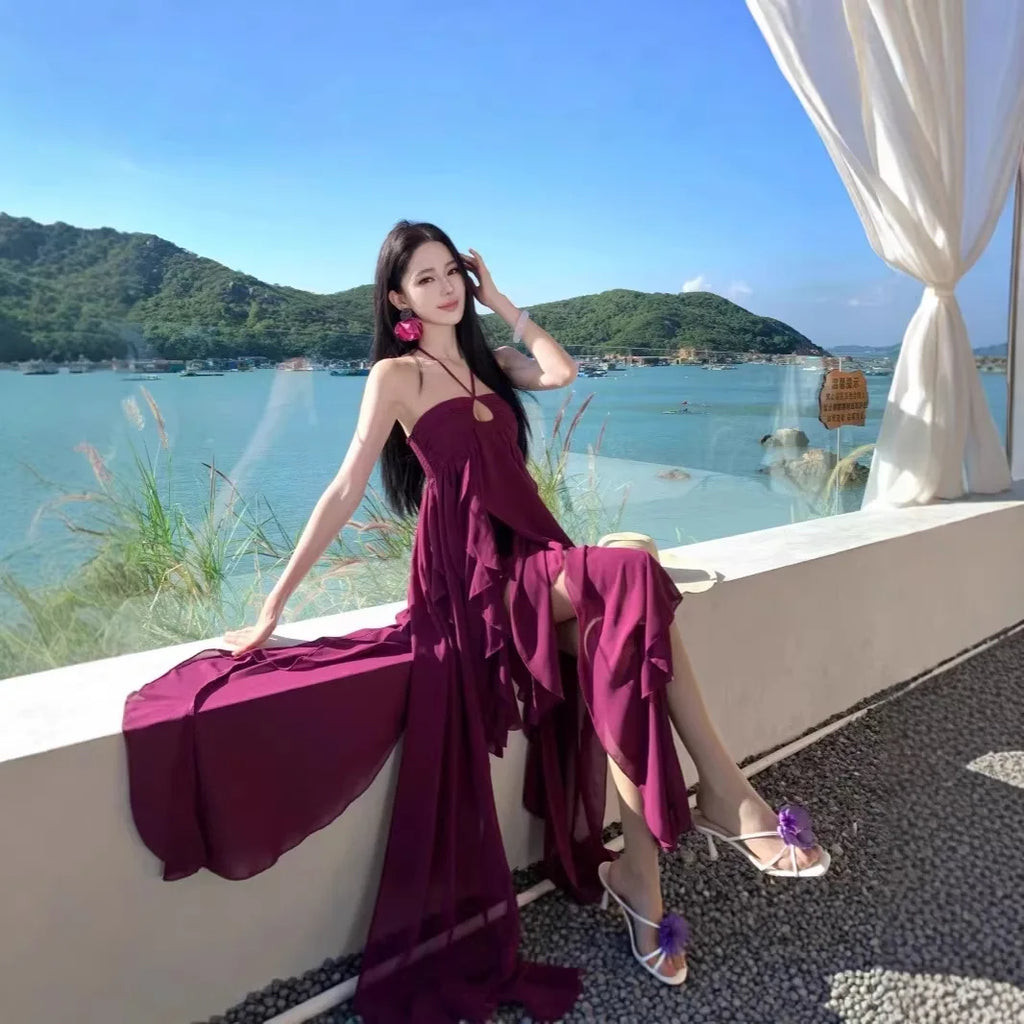 Purple Beach Vacation Photography Dress Women's Sleeveless Gown Luxury Design Sensation Halter Neck Chiffon Long Skirt