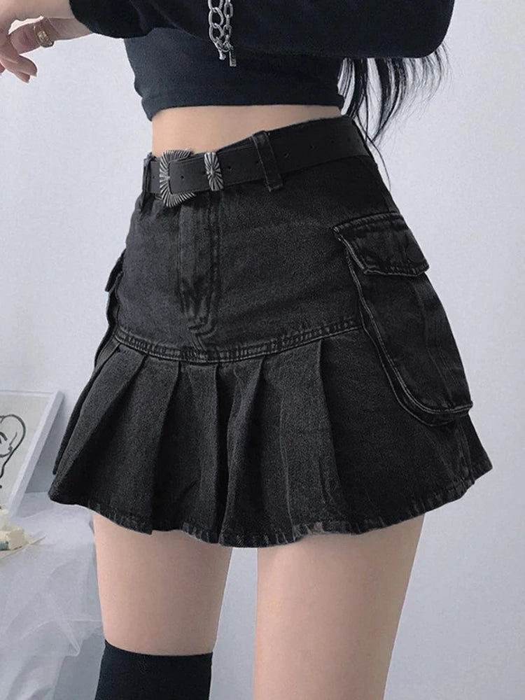 AltGoth Women's Gothic Denim Mini Skirt - Black A-Line with Sash